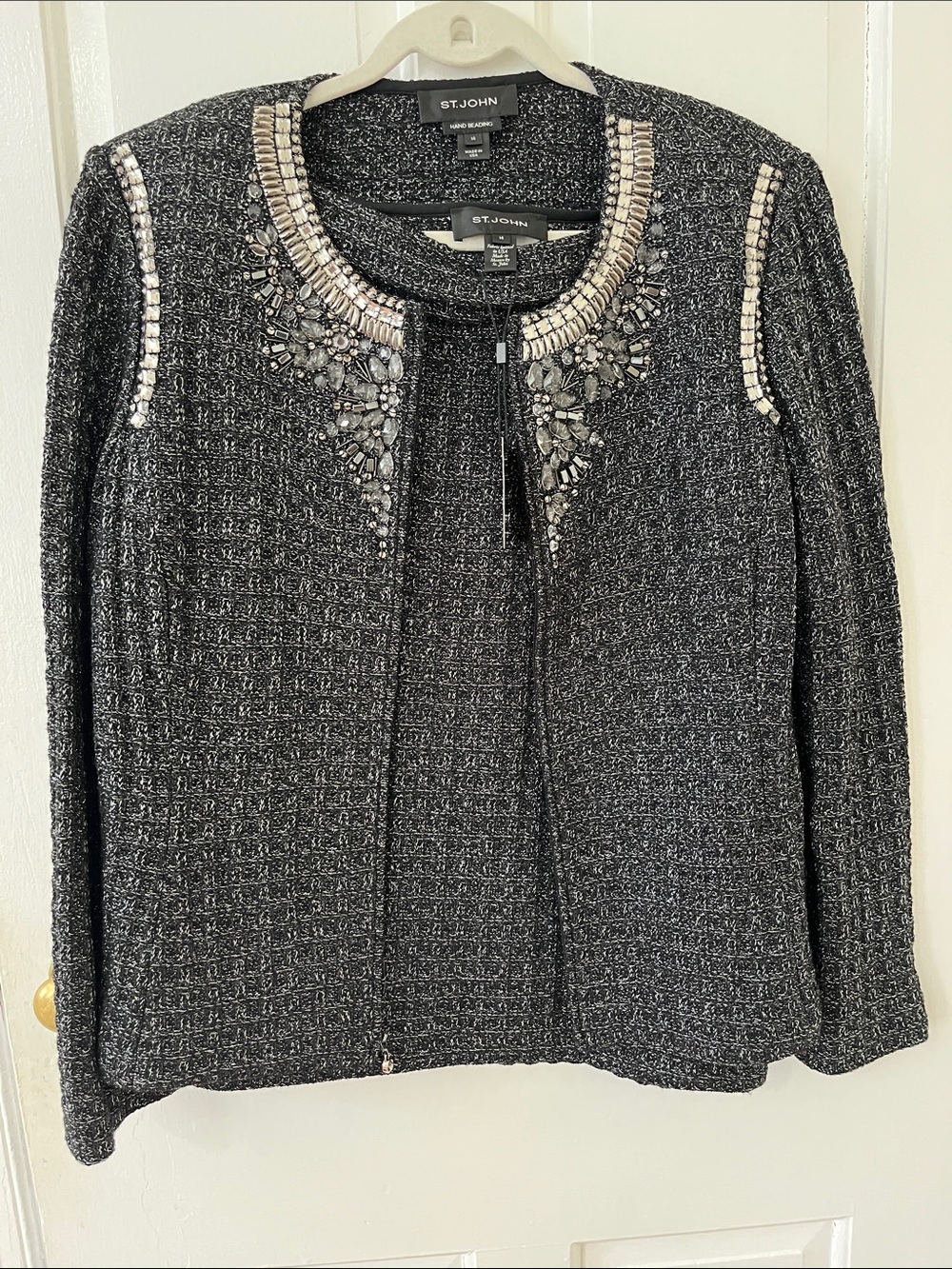 St. John Black Tweed Hand Beaded Front Zip Cardigan and Skirt Set -NWT